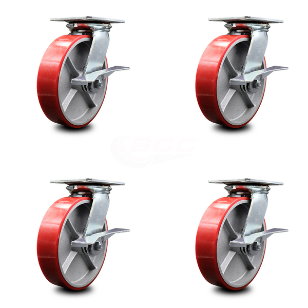 Service Caster 8 Inch Red Poly on Cast Iron Caster Set with Roller Bearing and Brake SCC SCC-35S820-PUR-RS-SLB-4